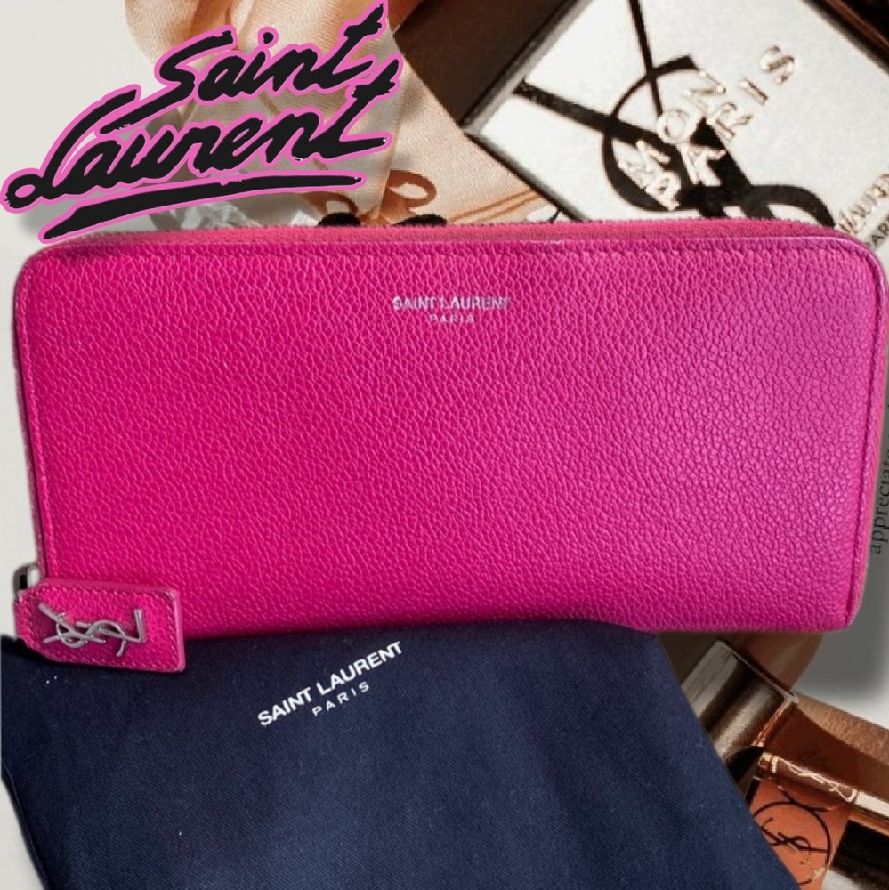 ⭐️YSL Yves Saint Laurent Pink Pebbled Leather Portefeuille Famme Long Wallet - Picture 8 of 9